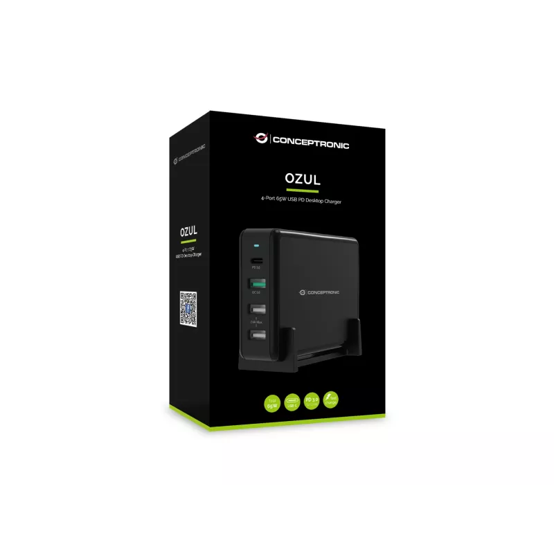 Conceptronic OZUL Carregador de secretária 4 portas 65W USB PD, Interior, AC, 5 V, Preto