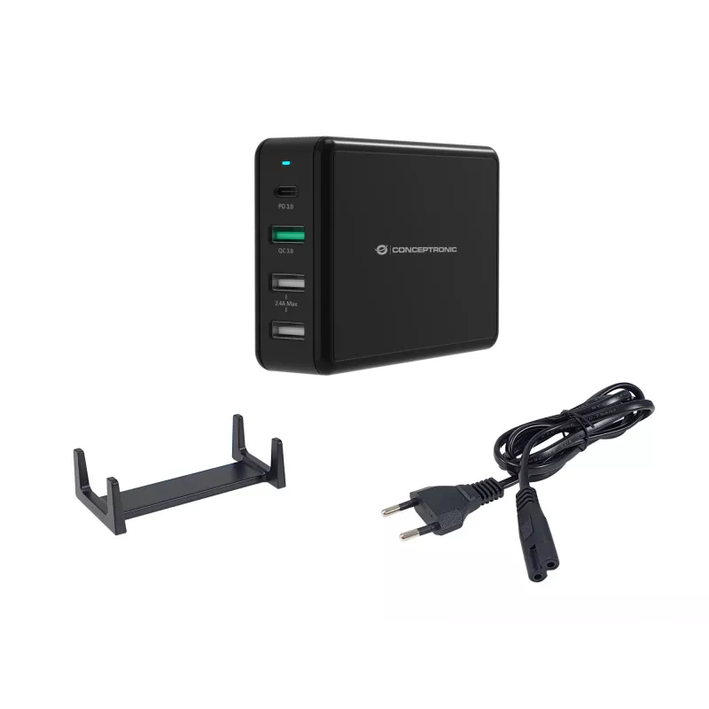 Conceptronic OZUL Carregador de secretária 4 portas 65W USB PD, Interior, AC, 5 V, Preto