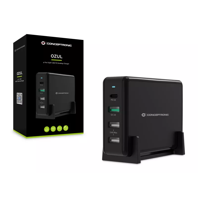 Conceptronic OZUL Carregador de secretária 4 portas 65W USB PD, Interior, AC, 5 V, Preto