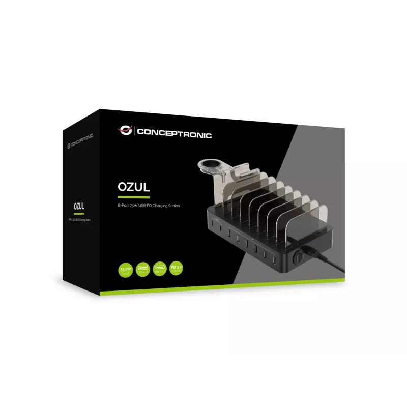 Conceptronic OZUL Estação de carregamento 8 portas 75W USB PD, Interior, AC, 12 V, Preto