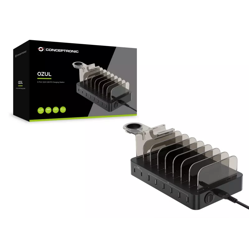 Conceptronic OZUL Estação de carregamento 8 portas 75W USB PD, Interior, AC, 12 V, Preto