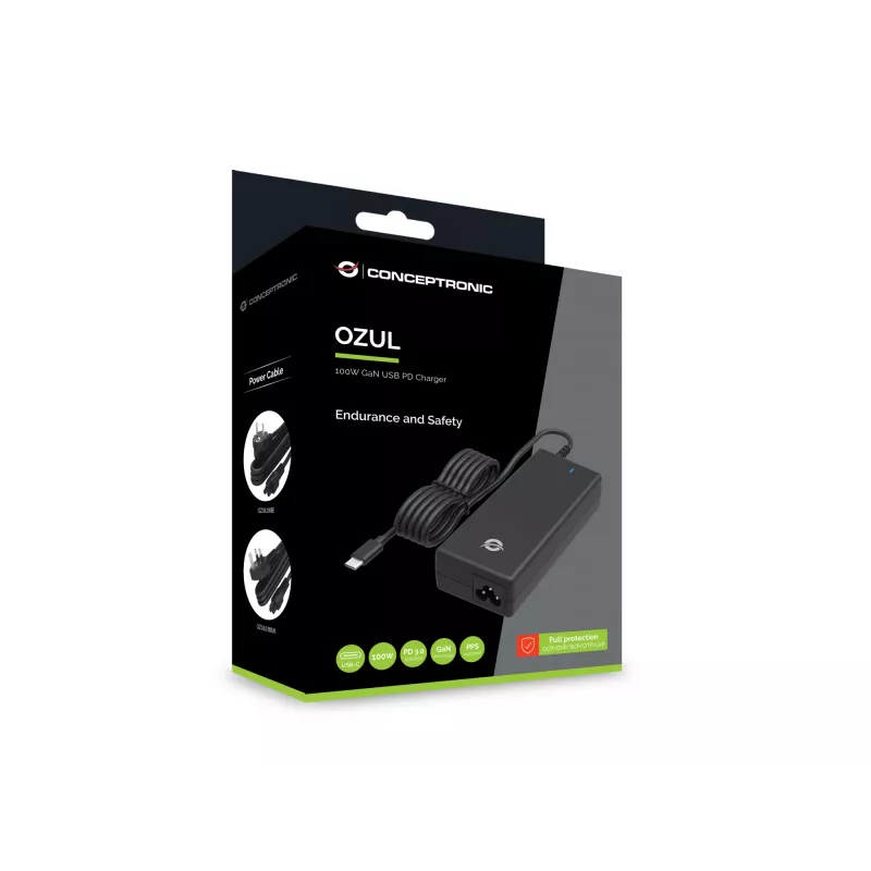 Conceptronic OZUL03BUK Carregador de secretária 100W GaN USB PD, cabo USB-C integrado, ficha UK