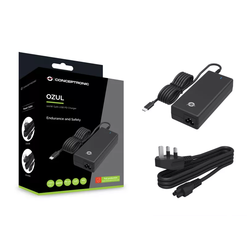 Conceptronic OZUL03BUK Carregador de secretária 100W GaN USB PD, cabo USB-C integrado, ficha UK