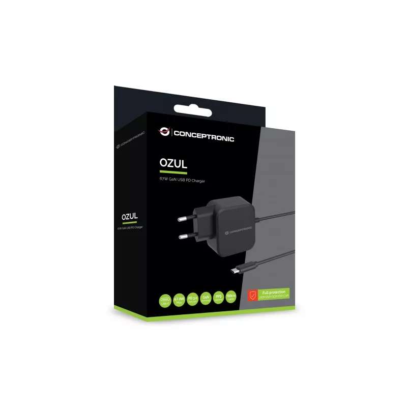 Conceptronic OZUL04BE Carregador 67W GaN USB PD, cabo USB-C integrado