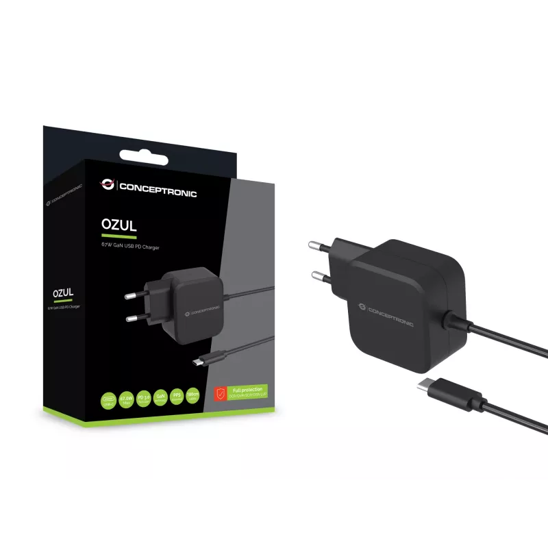 Conceptronic OZUL04BE Carregador 67W GaN USB PD, cabo USB-C integrado