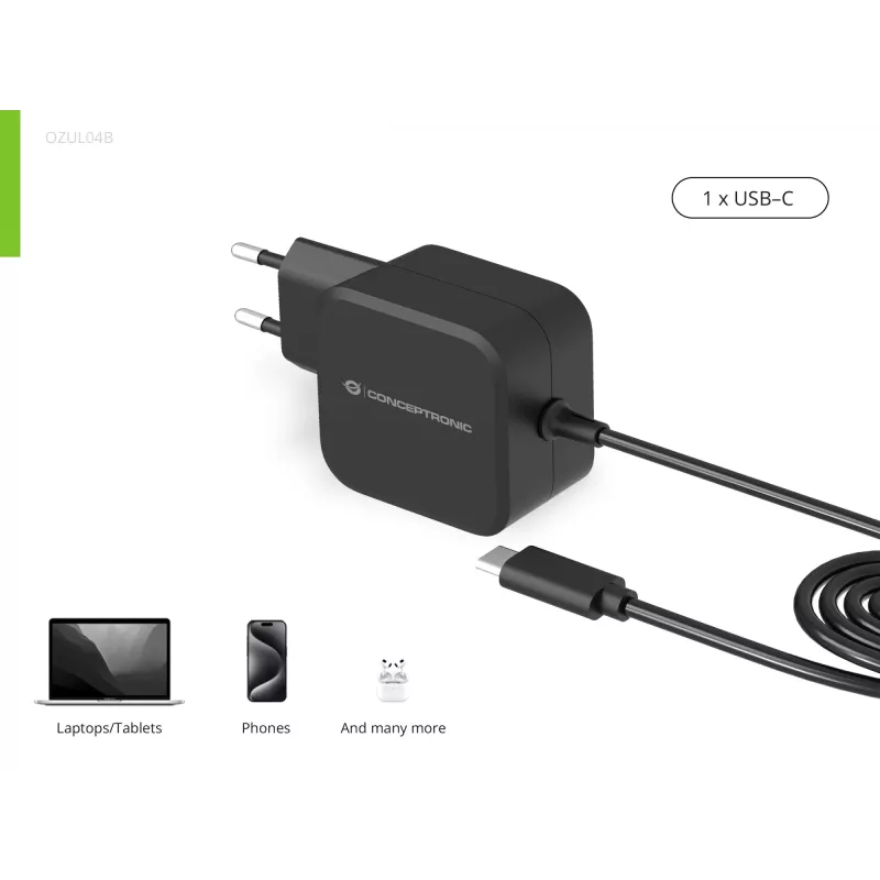 Conceptronic OZUL04BE Carregador 67W GaN USB PD, cabo USB-C integrado