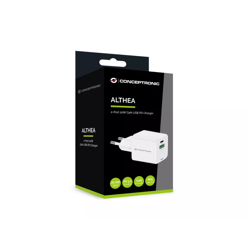 Conceptronic Carregador 2 portas 20W GaN USB PD, USB-C x 1, USB-A x 1 ALTHEA15W