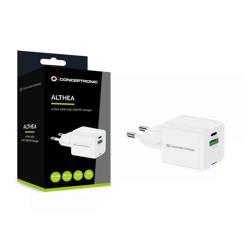 Conceptronic Carregador 2 portas 20W GaN USB PD, USB-C x 1, USB-A x 1 ALTHEA15W