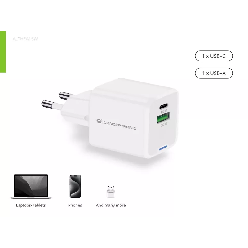 Conceptronic Carregador 2 portas 20W GaN USB PD, USB-C x 1, USB-A x 1 ALTHEA15W