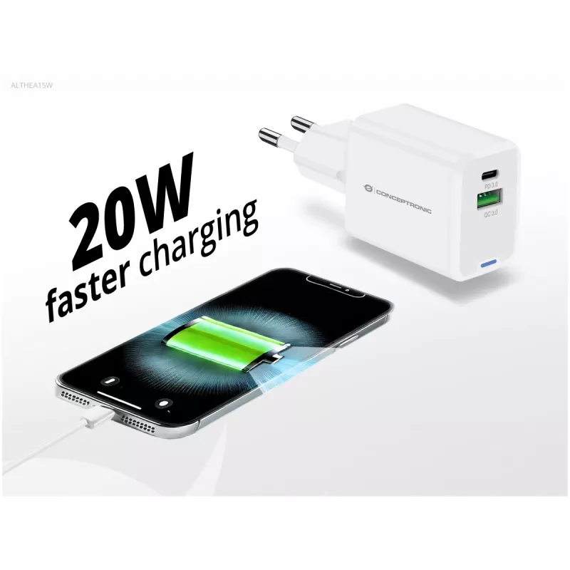 Conceptronic Carregador 2 portas 20W GaN USB PD, USB-C x 1, USB-A x 1 ALTHEA15W