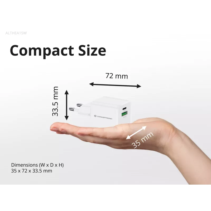 Conceptronic Carregador 2 portas 20W GaN USB PD, USB-C x 1, USB-A x 1 ALTHEA15W