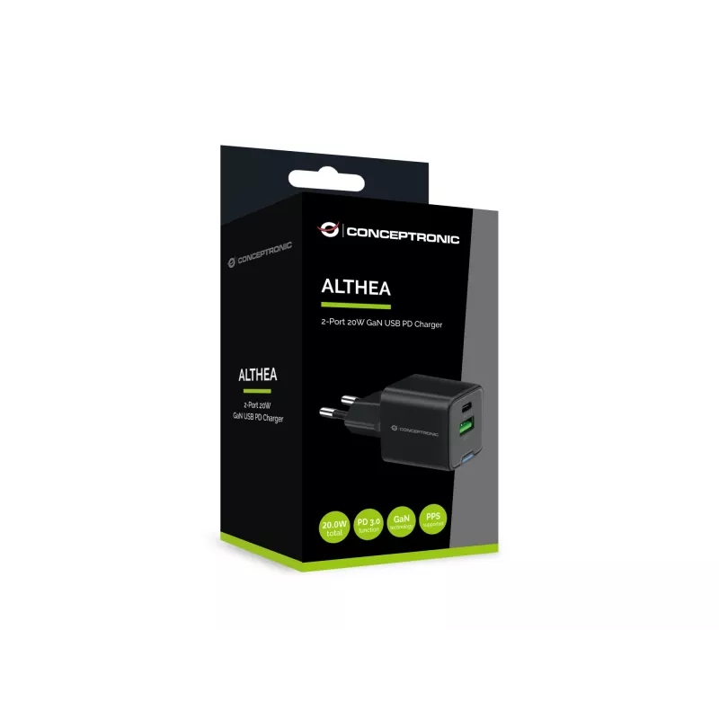 Conceptronic Carregador 2 portas 20W GaN USB PD, USB-C x 1, USB-A x 1, QC 3.0, PPS