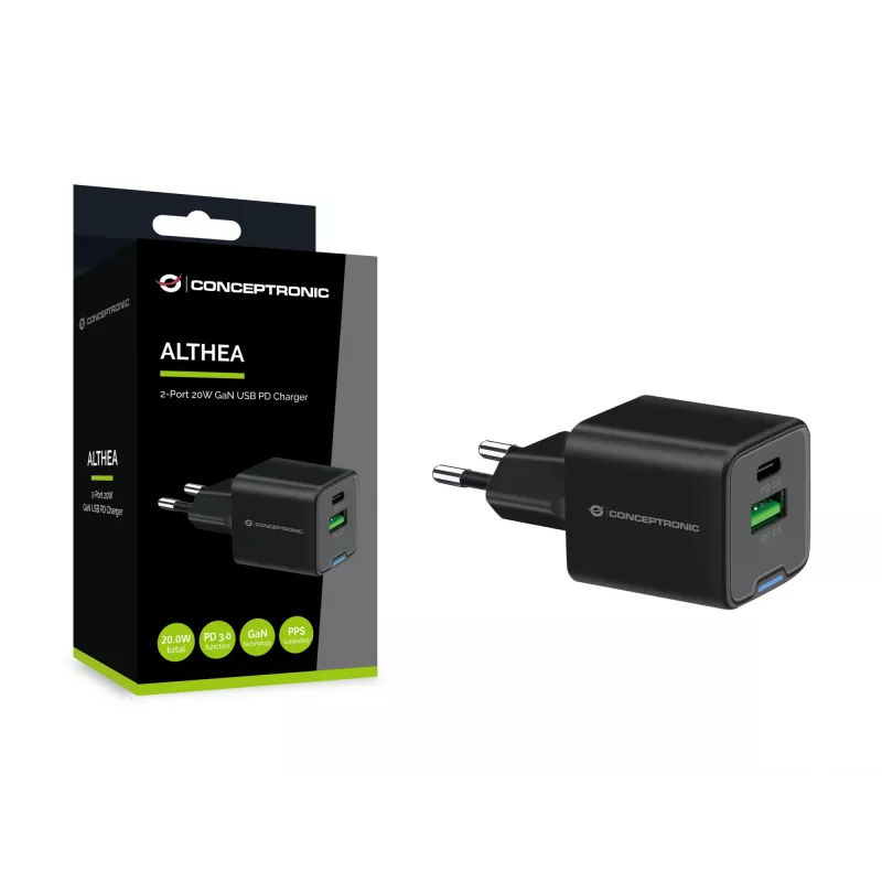Conceptronic Carregador 2 portas 20W GaN USB PD, USB-C x 1, USB-A x 1, QC 3.0, PPS