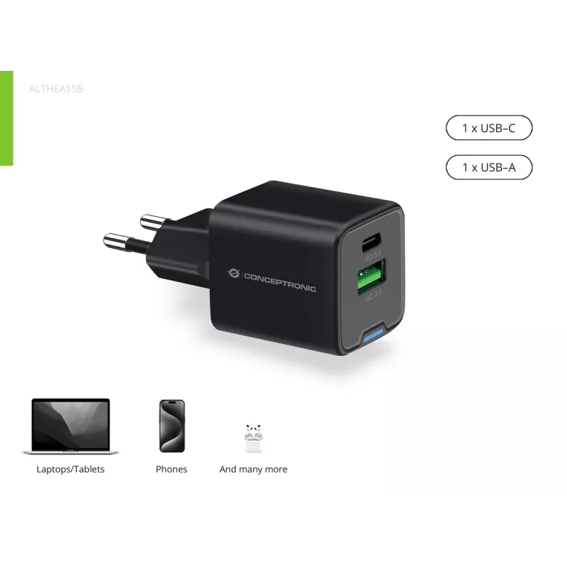 Conceptronic Carregador 2 portas 20W GaN USB PD, USB-C x 1, USB-A x 1, QC 3.0, PPS