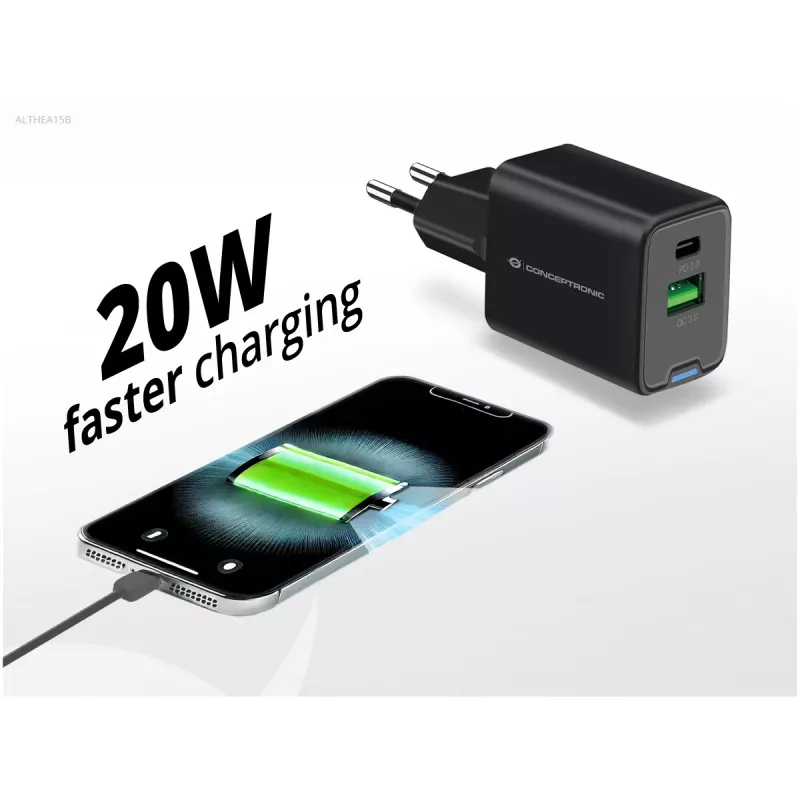 Conceptronic Carregador 2 portas 20W GaN USB PD, USB-C x 1, USB-A x 1, QC 3.0, PPS