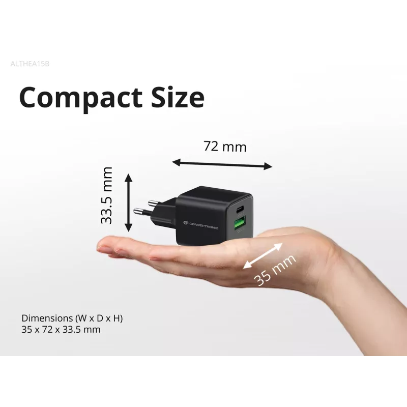Conceptronic Carregador 2 portas 20W GaN USB PD, USB-C x 1, USB-A x 1, QC 3.0, PPS