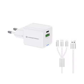 Conceptronic Carregador 2 portas 33W GaN USB PD com cabo de carregamento 3em1, USB-C x 1, USB-A x 1, QC 3.0, PPS