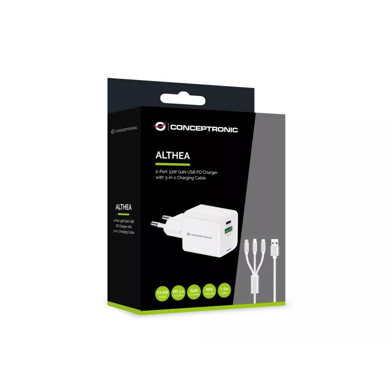 Conceptronic Carregador 2 portas 33W GaN USB PD com cabo de carregamento 3em1, USB-C x 1, USB-A x 1, QC 3.0, PPS
