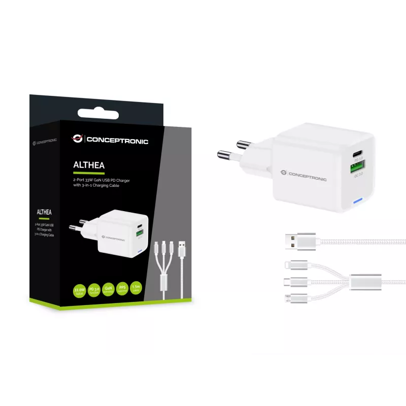 Conceptronic Carregador 2 portas 33W GaN USB PD com cabo de carregamento 3em1, USB-C x 1, USB-A x 1, QC 3.0, PPS
