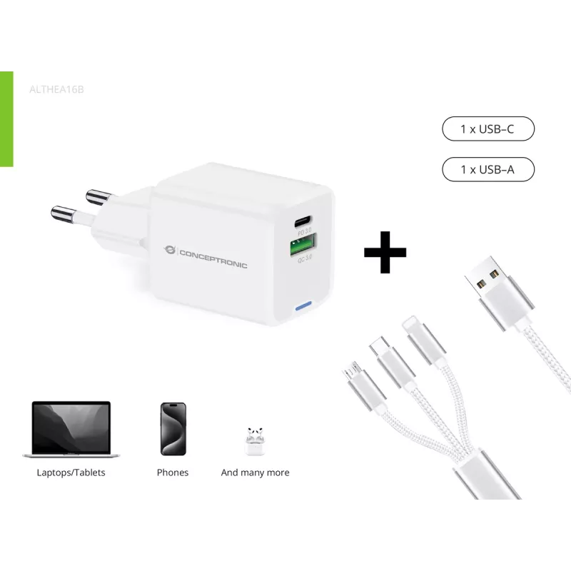 Conceptronic Carregador 2 portas 33W GaN USB PD com cabo de carregamento 3em1, USB-C x 1, USB-A x 1, QC 3.0, PPS