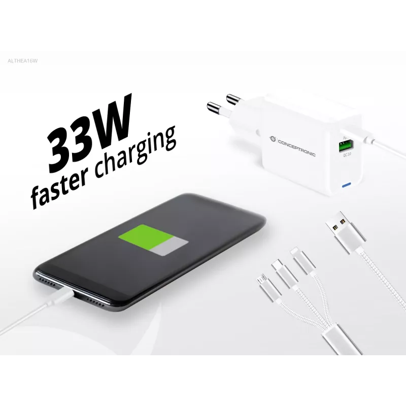 Conceptronic Carregador 2 portas 33W GaN USB PD com cabo de carregamento 3em1, USB-C x 1, USB-A x 1, QC 3.0, PPS