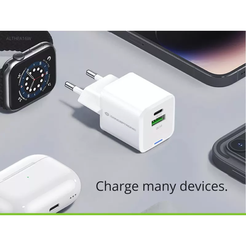 Conceptronic Carregador 2 portas 33W GaN USB PD com cabo de carregamento 3em1, USB-C x 1, USB-A x 1, QC 3.0, PPS