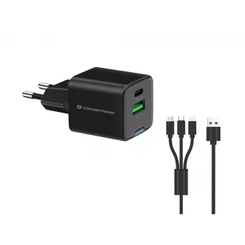 Conceptronic Carregador 2 portas 33W GaN USB PD com cabo de carregamento 3em1, USB-C x 1, USB-A x 1, QC 3.0, PPS