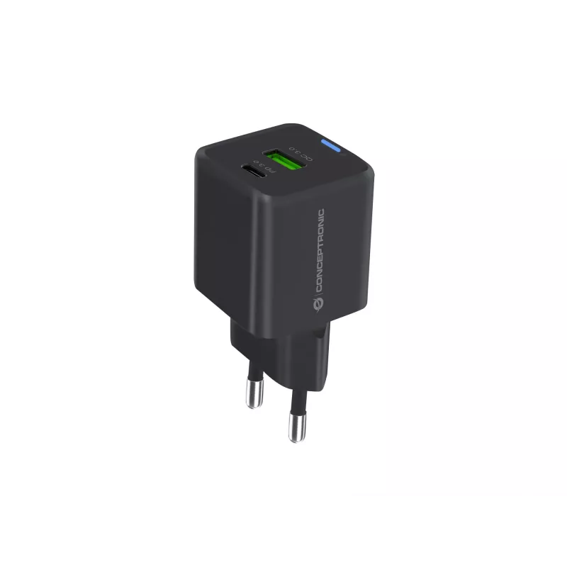 Conceptronic Carregador 2 portas 33W GaN USB PD com cabo de carregamento 3em1, USB-C x 1, USB-A x 1, QC 3.0, PPS