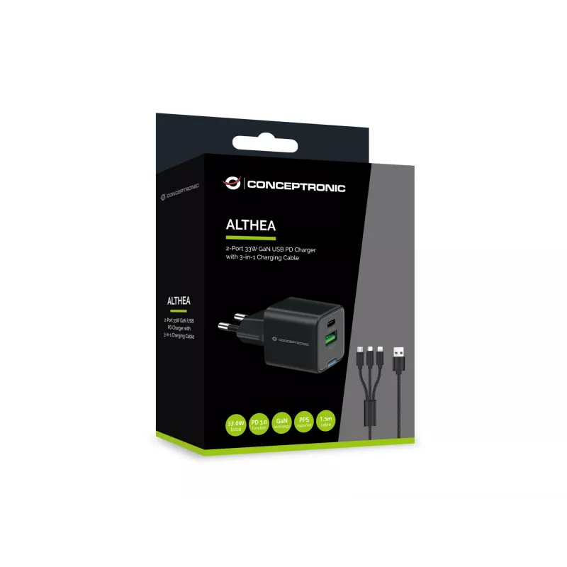 Conceptronic Carregador 2 portas 33W GaN USB PD com cabo de carregamento 3em1, USB-C x 1, USB-A x 1, QC 3.0, PPS