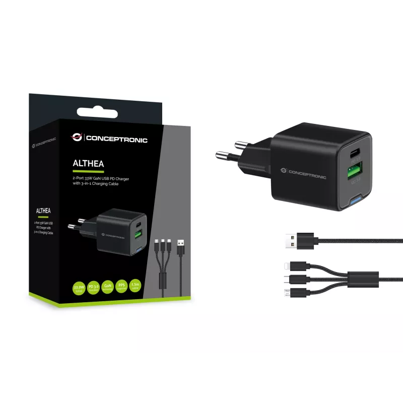 Conceptronic Carregador 2 portas 33W GaN USB PD com cabo de carregamento 3em1, USB-C x 1, USB-A x 1, QC 3.0, PPS