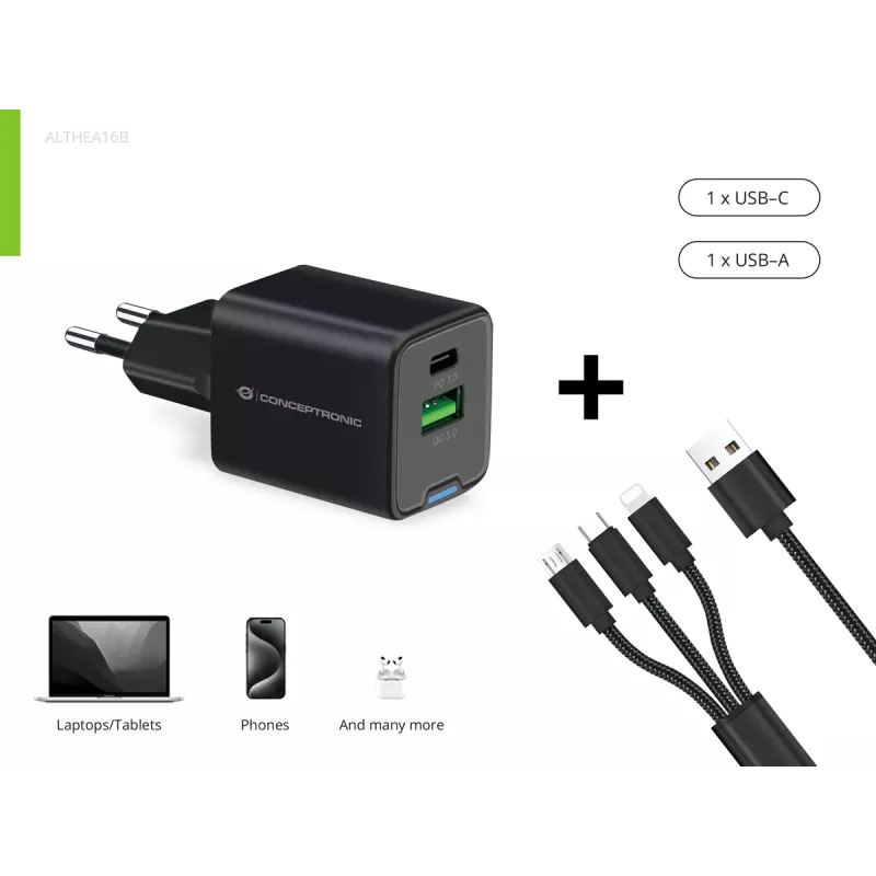 Conceptronic Carregador 2 portas 33W GaN USB PD com cabo de carregamento 3em1, USB-C x 1, USB-A x 1, QC 3.0, PPS