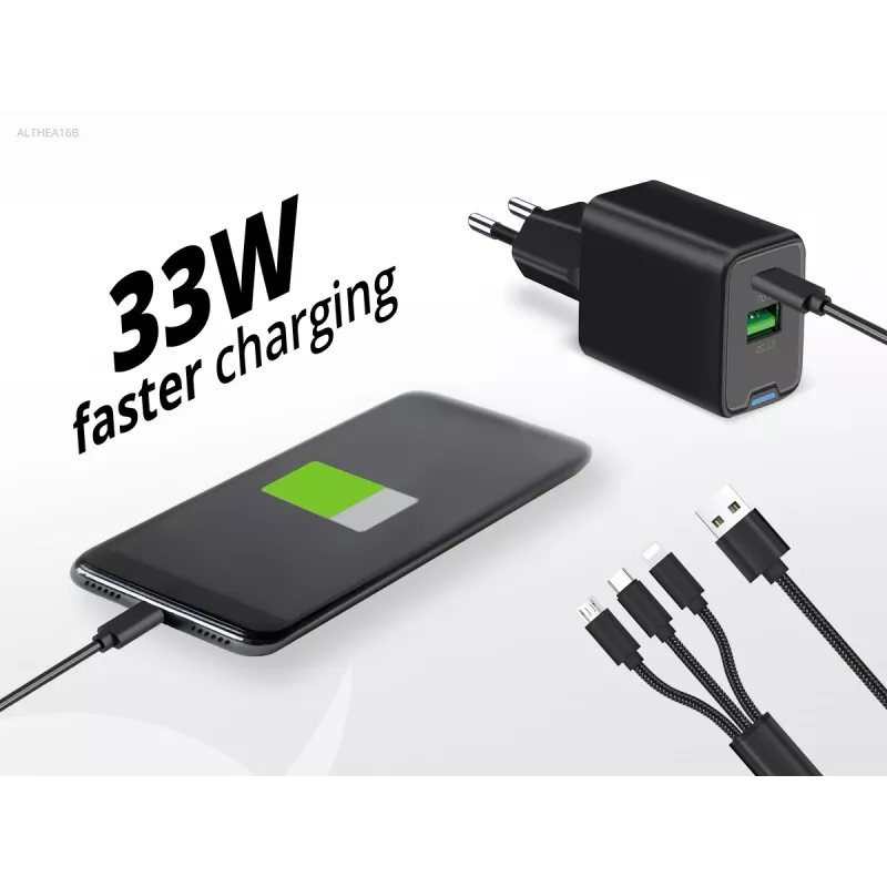 Conceptronic Carregador 2 portas 33W GaN USB PD com cabo de carregamento 3em1, USB-C x 1, USB-A x 1, QC 3.0, PPS