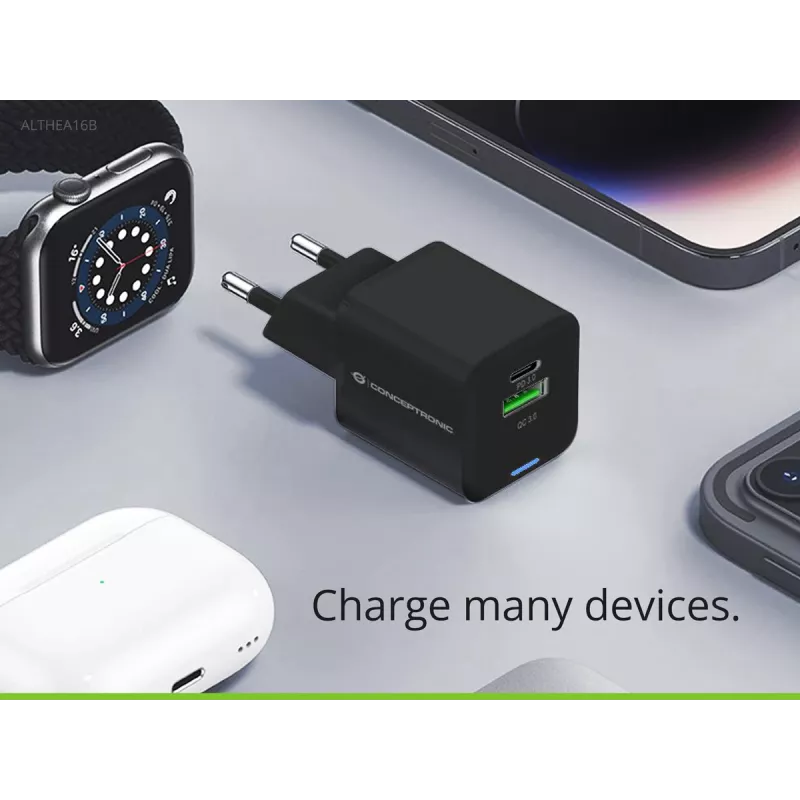Conceptronic Carregador 2 portas 33W GaN USB PD com cabo de carregamento 3em1, USB-C x 1, USB-A x 1, QC 3.0, PPS