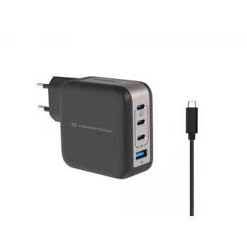 Conceptronic Carregador 4 portas 100W GaN USB PD com cabo de carregamento USB-C, USB-C x 3, USB-A x 1, QC 3.0, PPS
