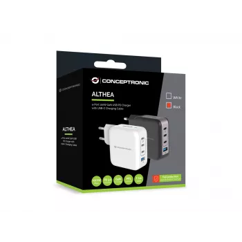 Conceptronic Carregador 4 portas 100W GaN USB PD com cabo de carregamento USB-C, USB-C x 3, USB-A x 1, QC 3.0, PPS