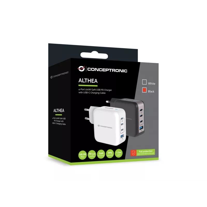 Conceptronic Carregador 4 portas 100W GaN USB PD com cabo de carregamento USB-C, USB-C x 3, USB-A x 1, QC 3.0, PPS