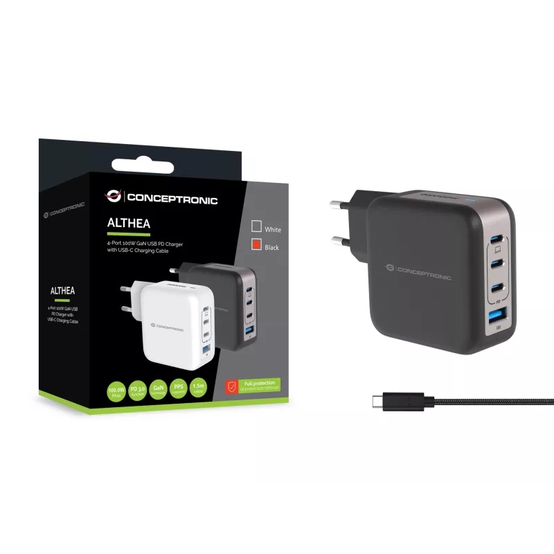 Conceptronic Carregador 4 portas 100W GaN USB PD com cabo de carregamento USB-C, USB-C x 3, USB-A x 1, QC 3.0, PPS