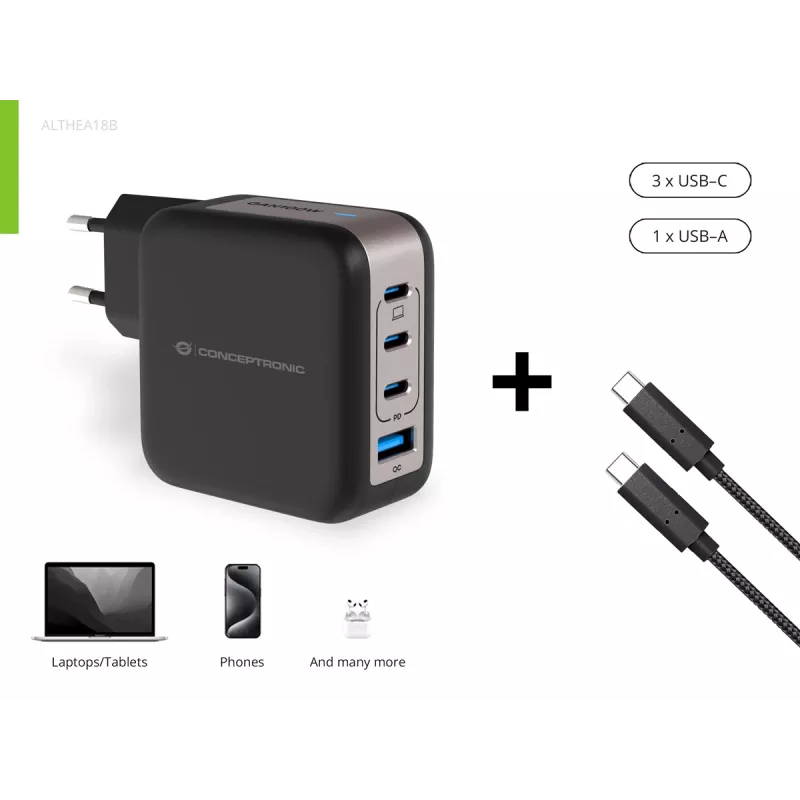 Conceptronic Carregador 4 portas 100W GaN USB PD com cabo de carregamento USB-C, USB-C x 3, USB-A x 1, QC 3.0, PPS