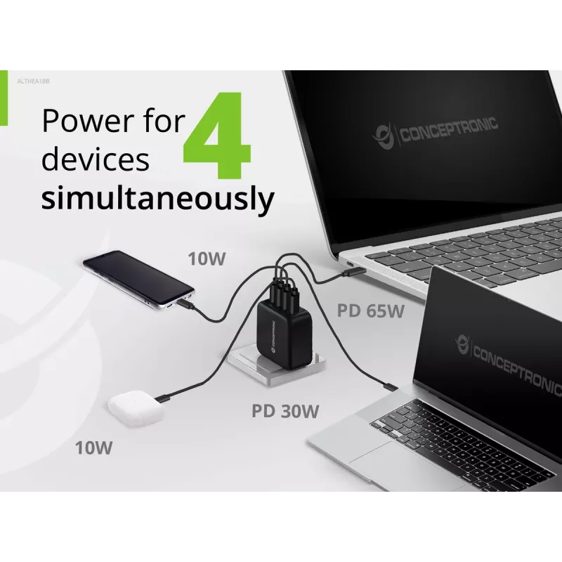 Conceptronic Carregador 4 portas 100W GaN USB PD com cabo de carregamento USB-C, USB-C x 3, USB-A x 1, QC 3.0, PPS