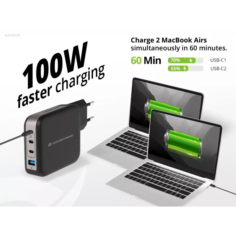Conceptronic Carregador 4 portas 100W GaN USB PD com cabo de carregamento USB-C, USB-C x 3, USB-A x 1, QC 3.0, PPS