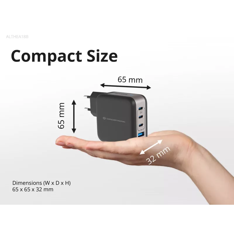 Conceptronic Carregador 4 portas 100W GaN USB PD com cabo de carregamento USB-C, USB-C x 3, USB-A x 1, QC 3.0, PPS