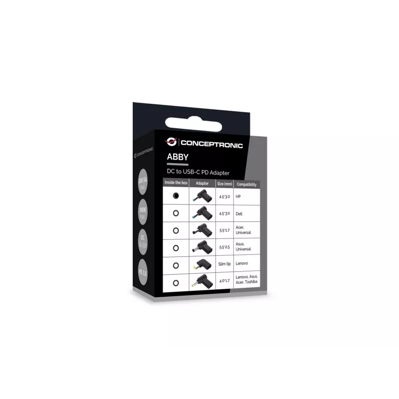 Conceptronic ABBY15PC01 Adaptador DC para USB-C, HP 4,5x3,0 mm, 18-20V