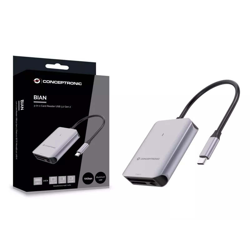 Conceptronic BIAN09G Leitor de cartões 3em1 USB 3.2 Gen 2, CFast 2.0, SD TF/MicroSD 4.0, UHS-II