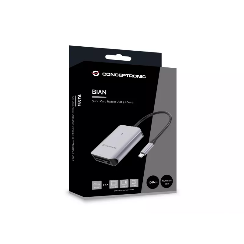 Conceptronic BIAN09G Leitor de cartões 3em1 USB 3.2 Gen 2, CFast 2.0, SD TF/MicroSD 4.0, UHS-II