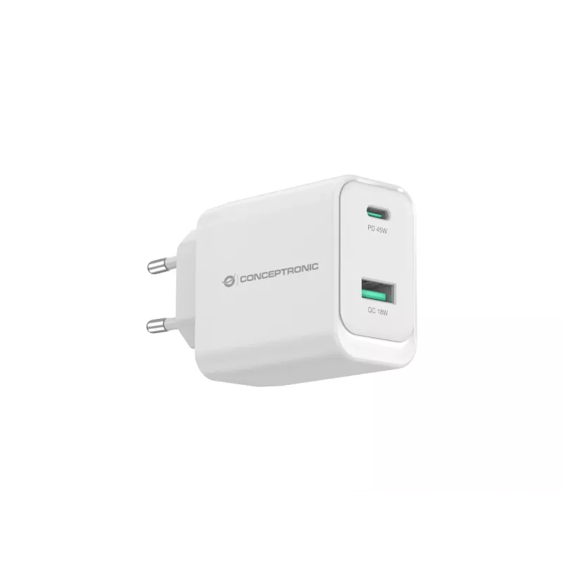 Conceptronic ALTHEA20W45 Carregador 2 portas 45W GaN USB PD, USB-C x 1, USB-A x 1, QC 3.0, PPS, PD 3.0
