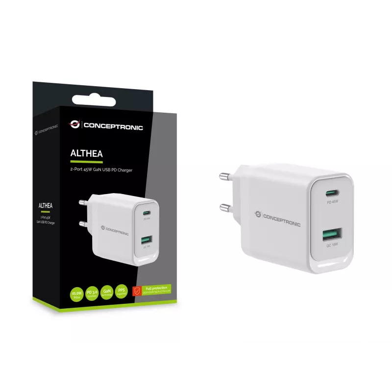 Conceptronic ALTHEA20W45 Carregador 2 portas 45W GaN USB PD, USB-C x 1, USB-A x 1, QC 3.0, PPS, PD 3.0