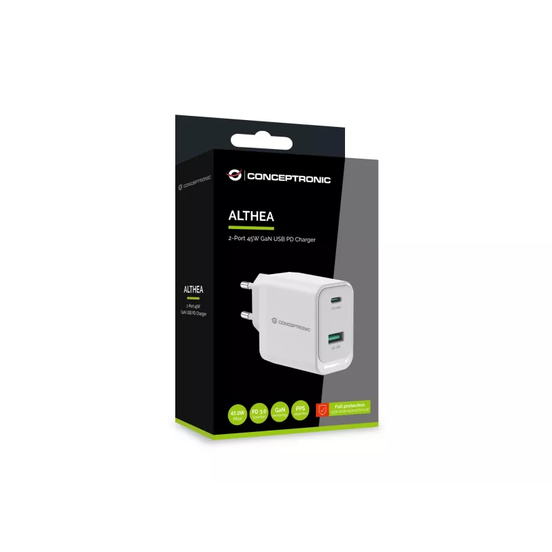 Conceptronic ALTHEA20W45 Carregador 2 portas 45W GaN USB PD, USB-C x 1, USB-A x 1, QC 3.0, PPS, PD 3.0
