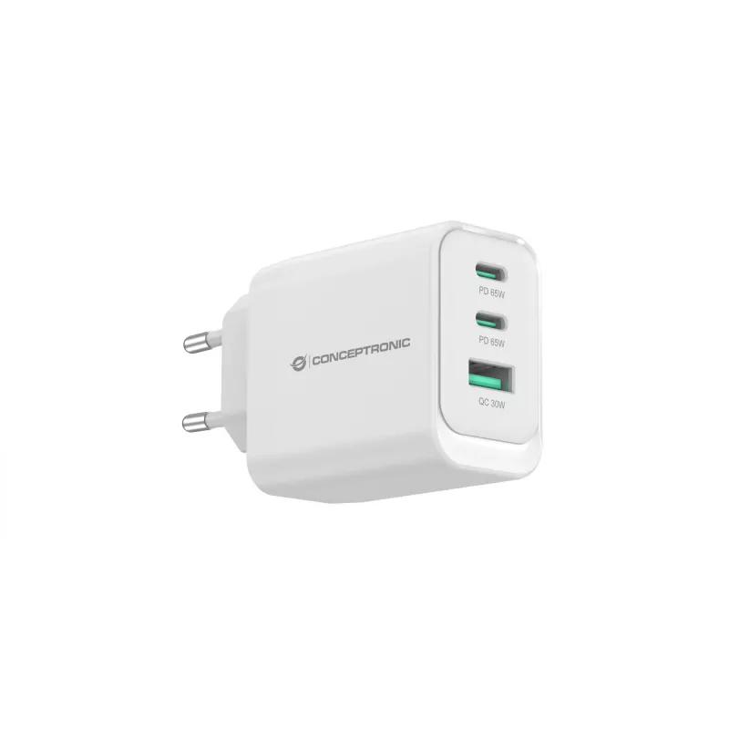 Carregador Conceptronic ALTHEA21W65 3 portas 65W GaN USB PD, USB-C x 2, USB-A x 1, QC 3.0, PPS, PD 3.0