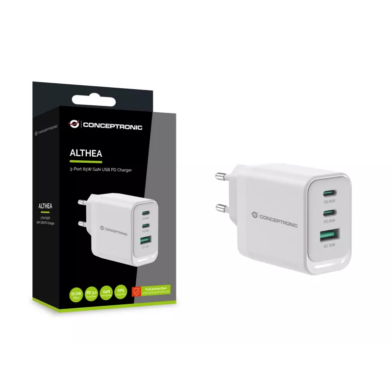 Carregador Conceptronic ALTHEA21W65 3 portas 65W GaN USB PD, USB-C x 2, USB-A x 1, QC 3.0, PPS, PD 3.0