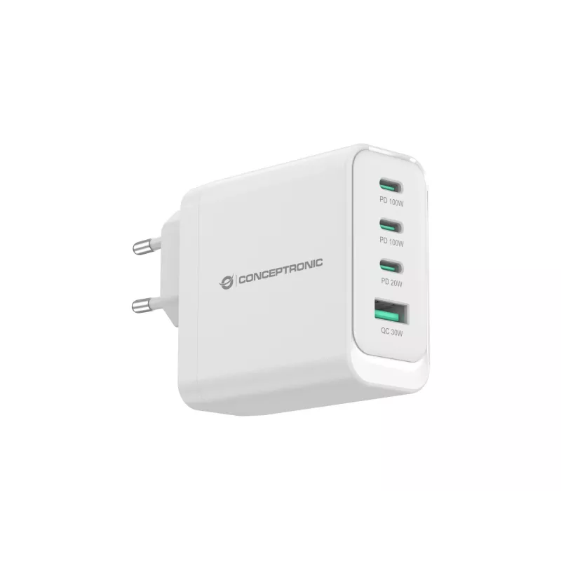Carregador Conceptronic ALTHEA22W100 4 portas 100W GaN USB PD, USB-C x 3, USB-A x 1, QC 3.0, PPS, PD 3.0